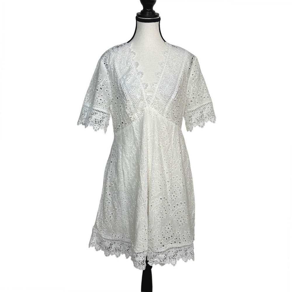 Romantic Eyelet Lace Dress White Cotton Coquette Ethereal Summer Sun Boho‎ Large